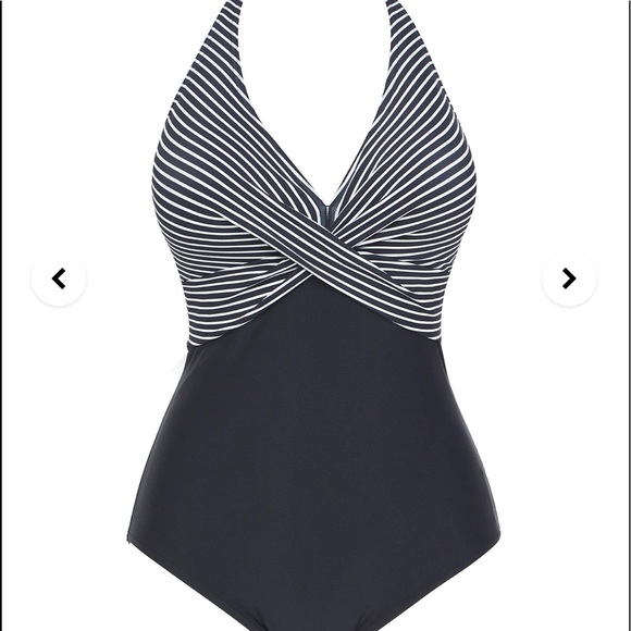 Figleaves Tailor Halter Twist Front Tummy Control Stripe Swimsuit - Picture 2 of 9